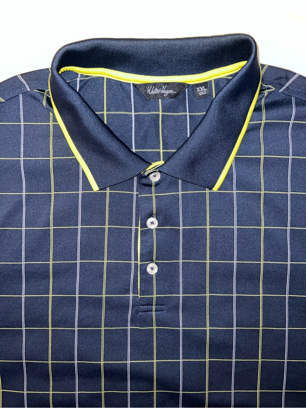 Walter Hagen Men’s 2XL Navy, Light Blue, and Yellow Plaid Grid Polo